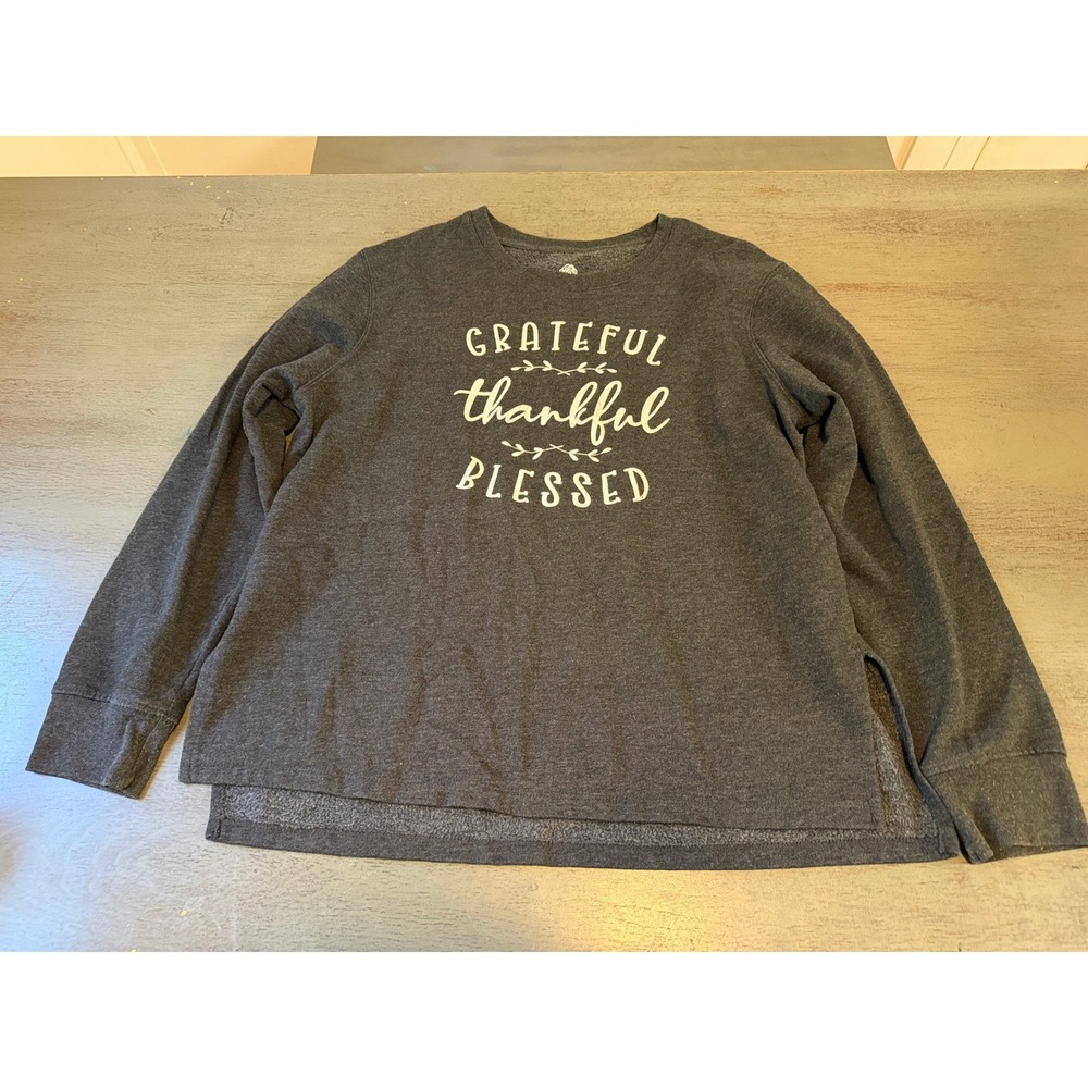 PositiviTees Grateful Thankful Blessed Sweatshirt Gray L 12/14 Graphic Pullover